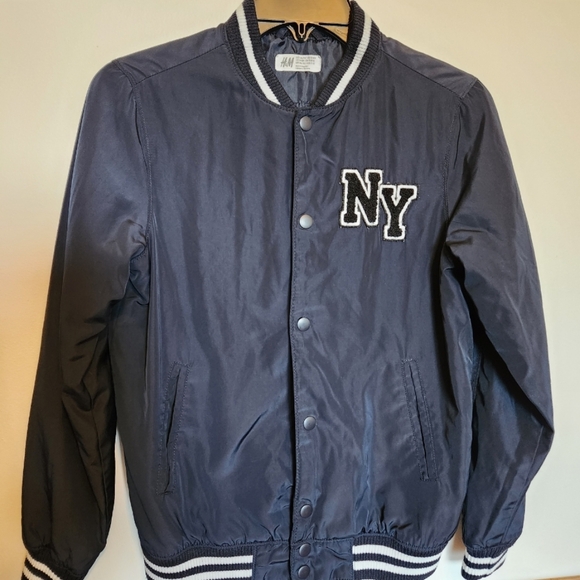 H&M Blue Bomber Jacket with NY Logo - Picture 1 of 9
